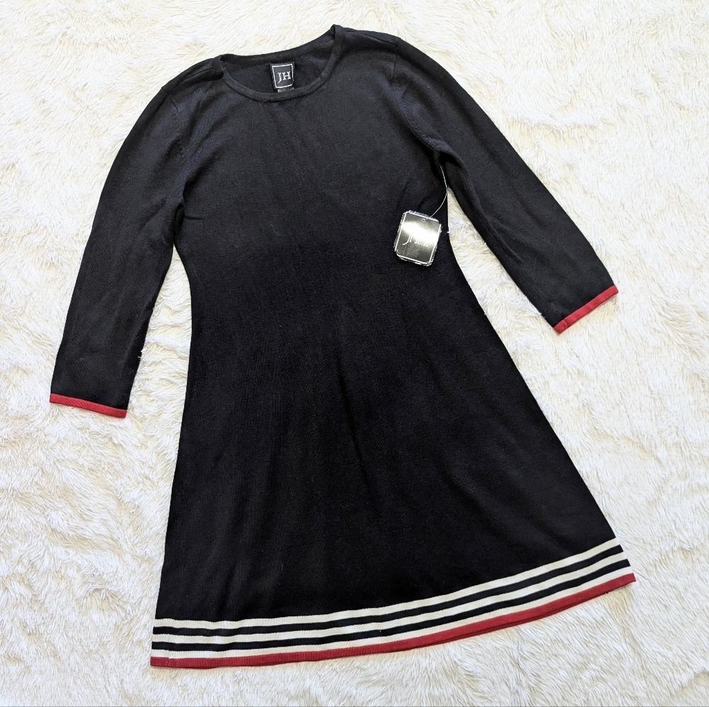NWT JH Black Knit Contrast Striped A Line Office Goth Sweater Dress Medium